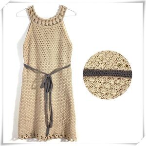 CROCHET Waist Lace tie Fitted Mini Shift Dress in Natural Beige